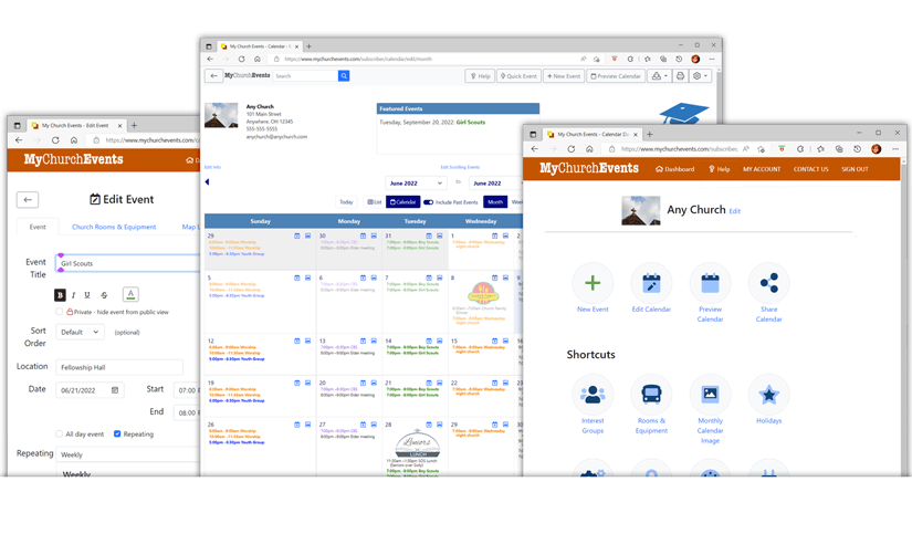 Church Event examples for yearly calendar, event calendar and dashboard